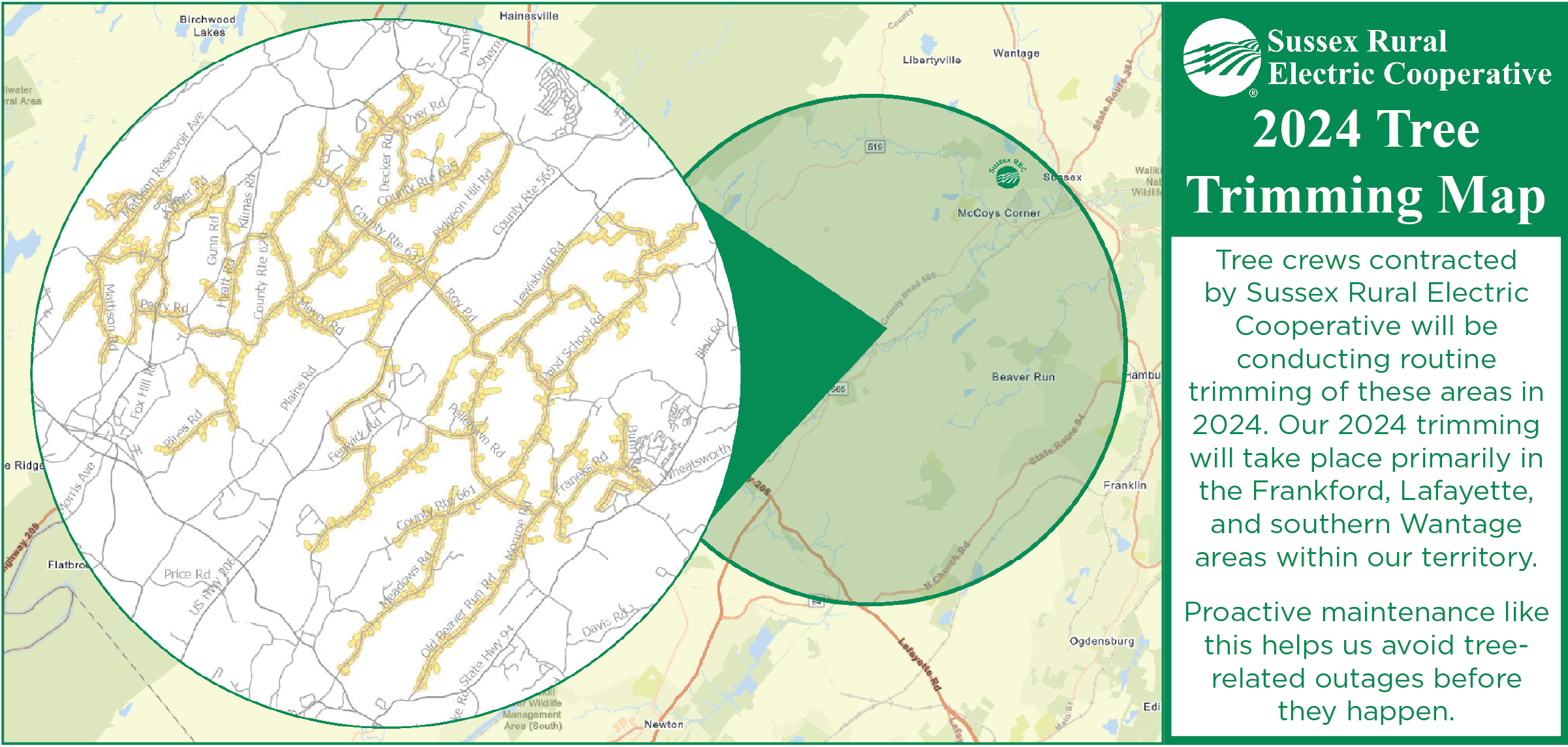 Pictured: A map of Sussex Rural Electric Cooperative's service territory with certain roads highlighted to indicate that these areas will be attended to during our 2024 routine tree trimming efforts. Text reads: "Sussex Rural Electric Cooperative. 2024 Tree Trimming Map. Tree crews contracted by Sussex Rural Electric Cooperative will be conducting routine trimming of these areas in 2024. Our 2024 trimming will take place primarily in the Frankford, Lafayette, and southern Wantage areas within our territory. Proactive maintenance like this helps us avoid tree-related outages before they happen."