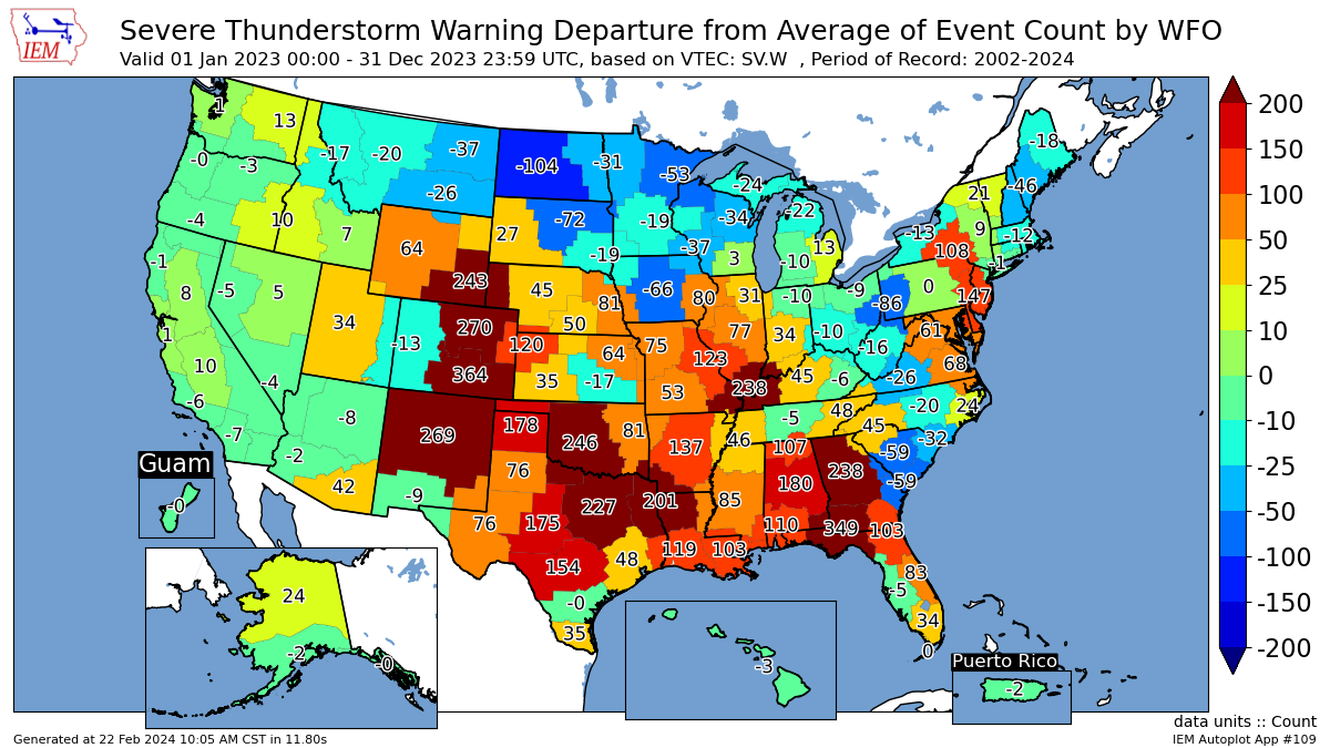U.S. map from the IEM showing "Severe Thunderstorm Warning Departure from Average of Event Count by WFO." 