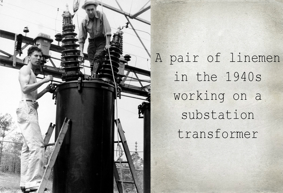 A pair of linemen in the 1940s working on a substation transformer