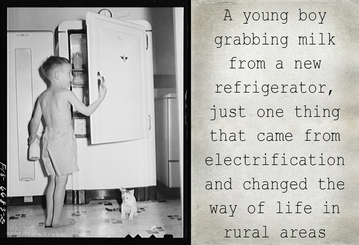 A young boy grabbing milk from a new refrigerator, just one thing that came from electrification and changed the way of life in rural areas