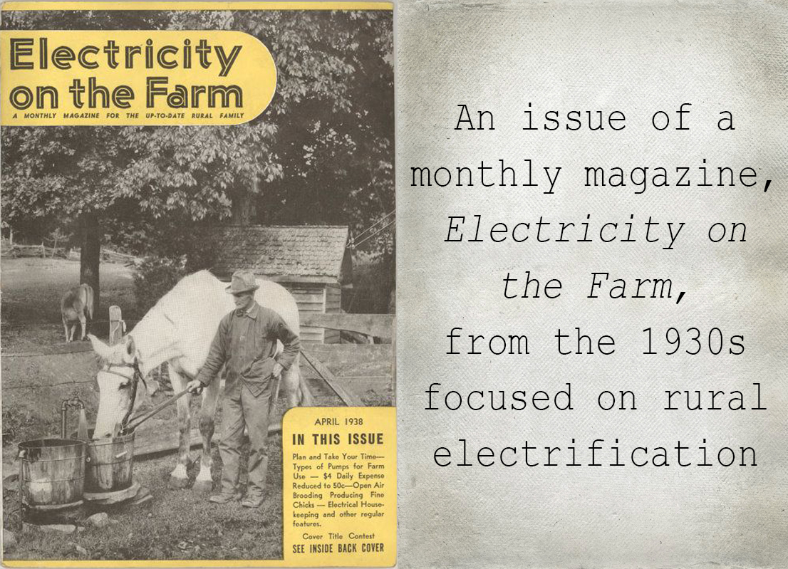 An issue of a monthly magazine, "Electricity on the Farm," from the 1930s focused on rural electrification
