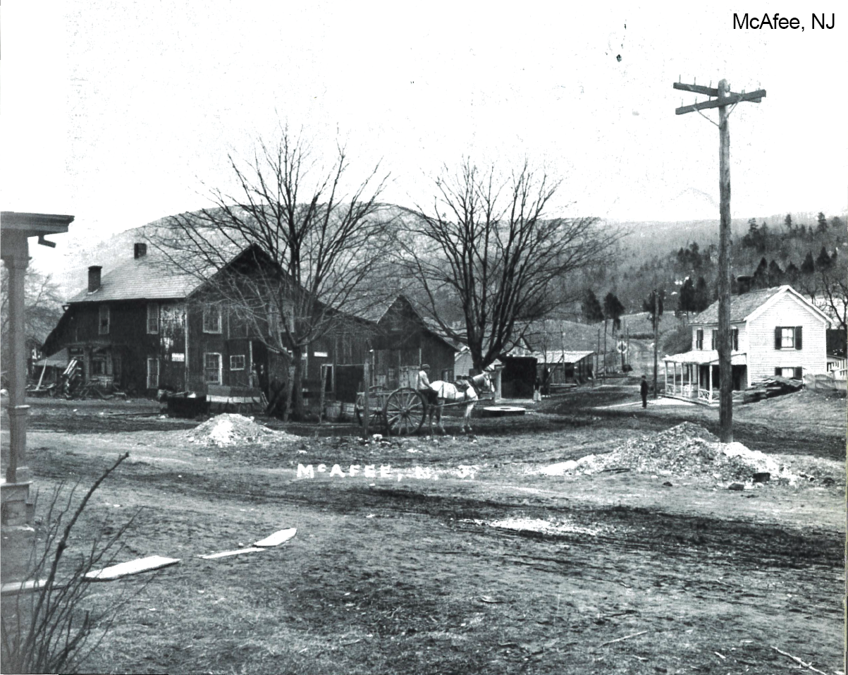 Photo of McAfee, NJ with a telephone pole, which provided telephone service but had no electric lines. Source: "Images of America - Vernon" by Ronald J. Dupont Jr.
