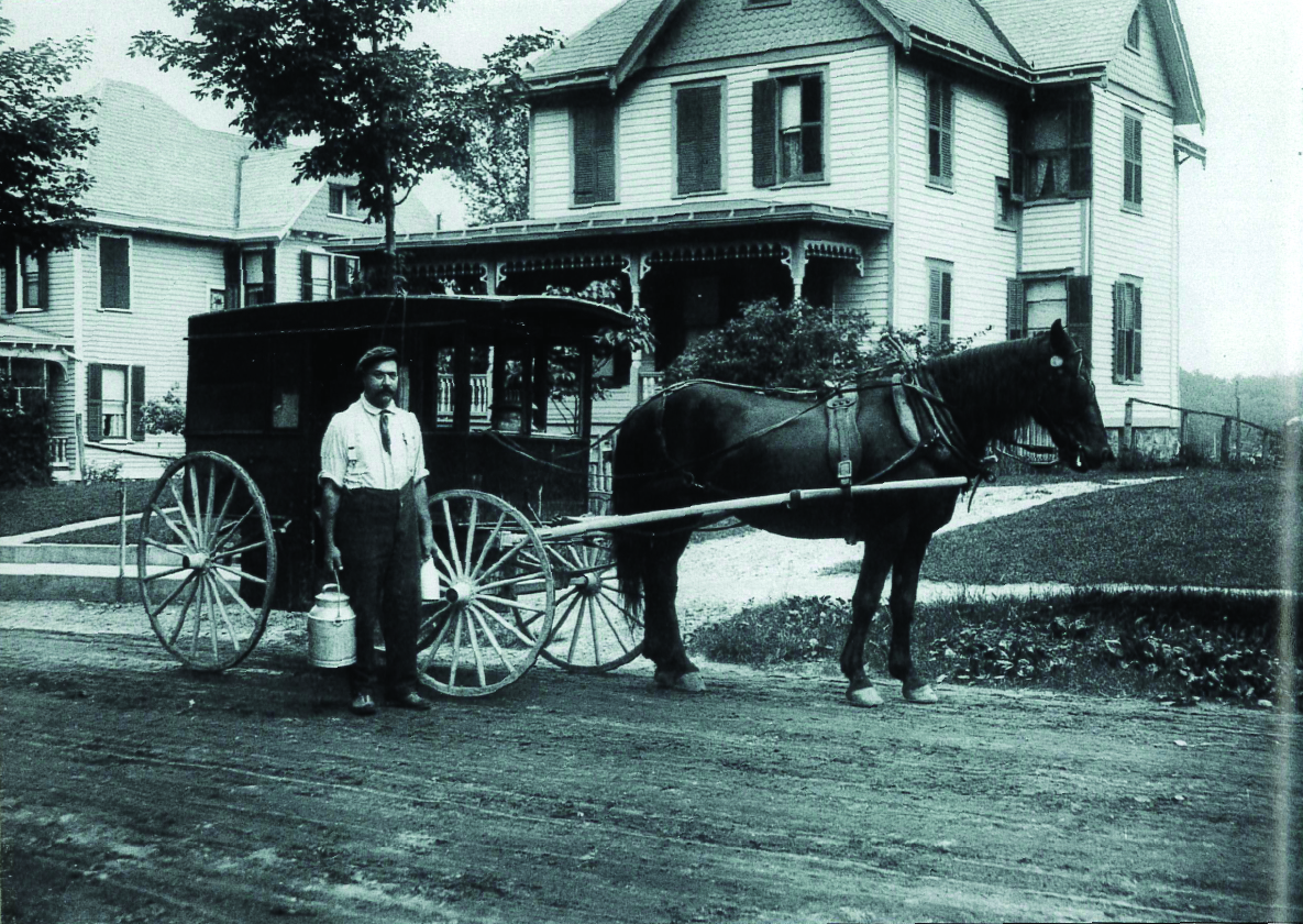 A milkman on Vernon Ave in Hamburg stands outside of his horse-drawn carriage, carrying a metal bucket and a quart of milk in a glass bottle for delivery. Source: Images of America - Sussex and Wantage by William R. Truran (2012)