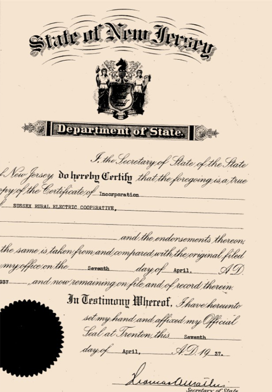 Sussex Rural Electric Cooperative’s Certificate of Incorporation from NJ State, 1937