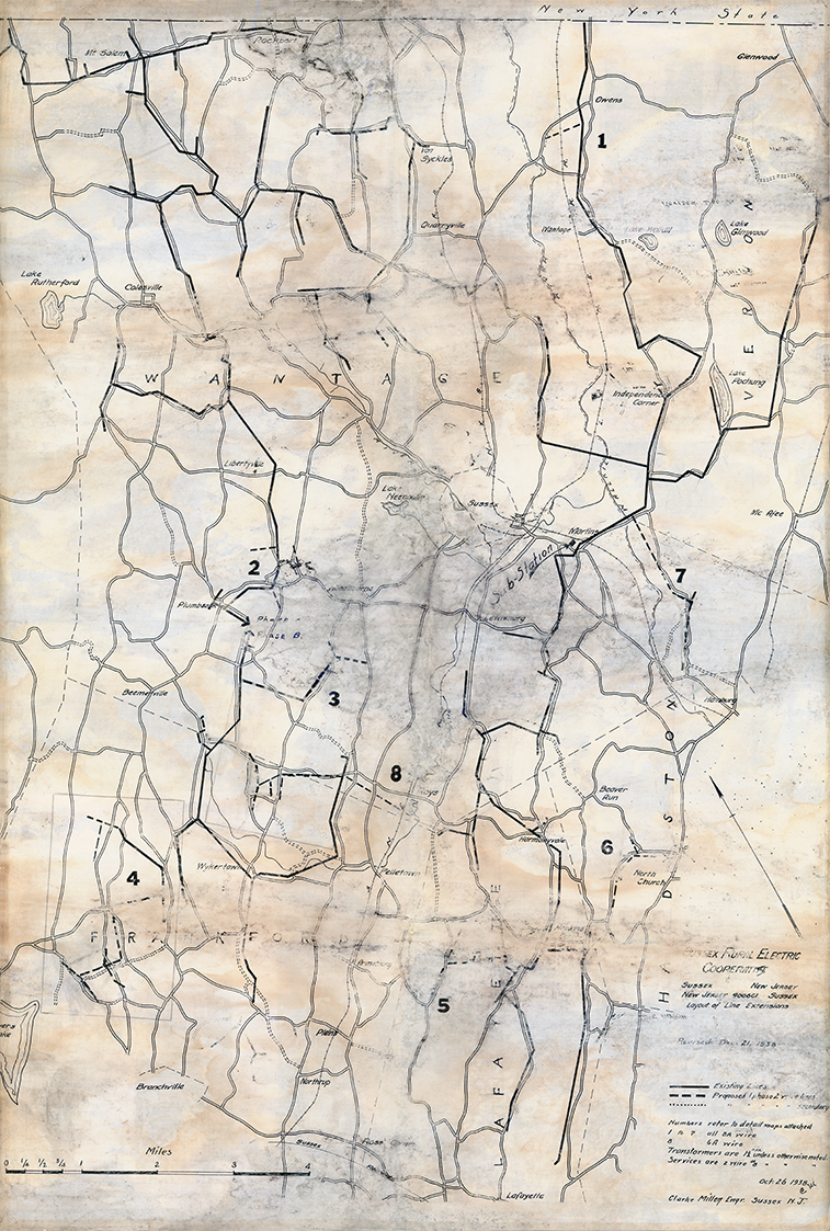 A map of Sussex Rural Electric Cooperative’s service territory from the year 1938 used by cooperative crews prior to digital smart maps.