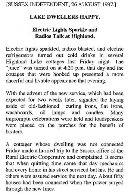 Sussex Independent article from August 26, 1937, detailing the day that Highland Lakes was first energized by Sussex Rural Electric Cooperative. Headline Reads: LAKE DWELLERS HAPPY. Electric Lights Sparkle and Radios Talk at Highland.