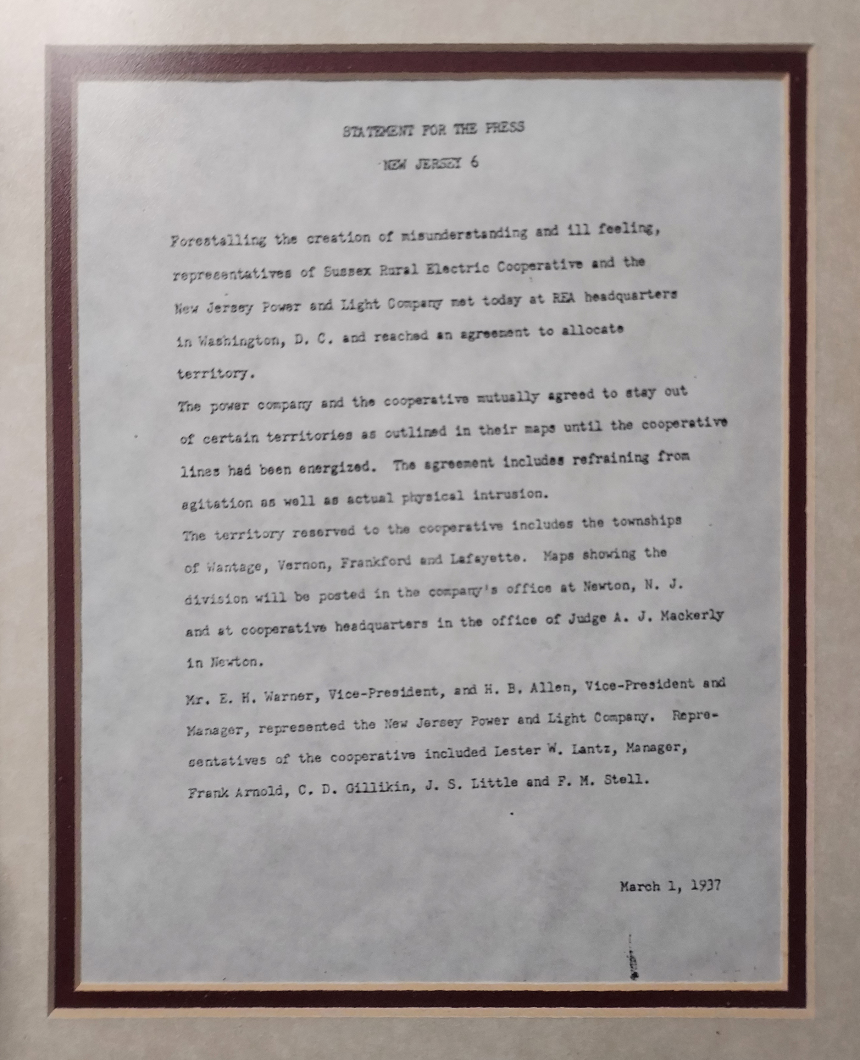 A statement for the press regarding an agreement made by the fledgeling Sussex Rural Electric Cooperative and existing utility New Jersey Power and Light Company, deciding on the limits of SREC’s new territory.