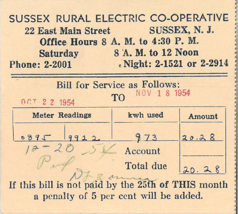 A small form mailed to members by SREC in 1954 to self-report their meter readings. This practice began to save money on gas during WWII and continued into the 50s. Members would insert the number read from their meter to determine their kWh used and the amount owed to the Co-op for electricity.