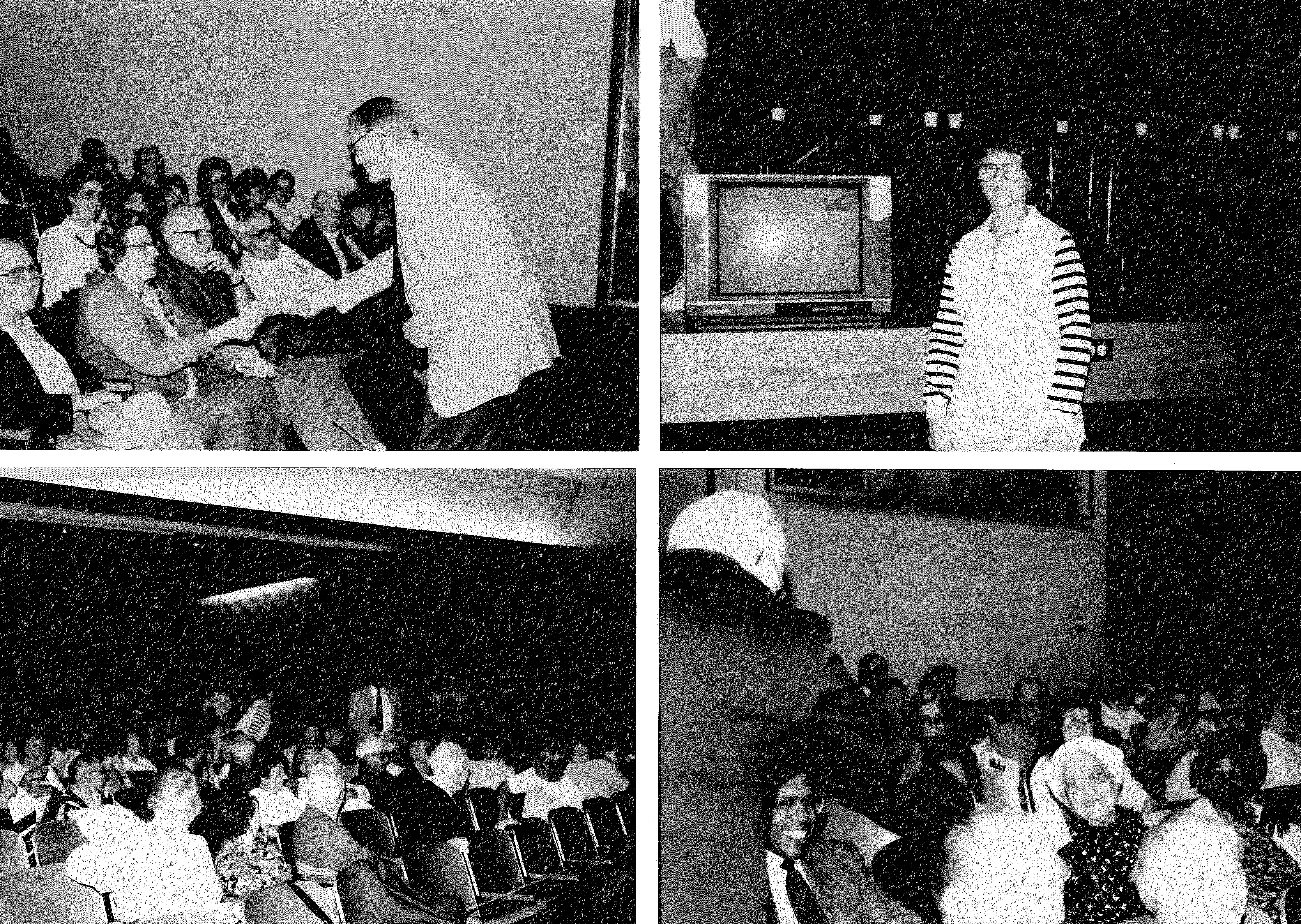 Compilation of four black-and-white photos from an SREC Annual Meeting at High Point Regional High School. Photos include photos of audience members being handed a prize by an SREC employee or board member, a member posing with the prize TV she had won, and a shot of the audience.