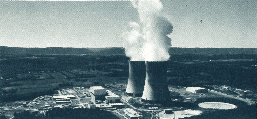 A black-and-white, aerial shot of the Susquehanna Steam Electric Station, a nuclear facility near Berwick, PA part-owned by Allegheny Electric Cooperative. Since 1977, this generation plant has provided energy to Pennsylvania and New Jersey’s rural electric cooperatives.  Source: “Darkness to Daylight” by Mary Ellen Romeo, published in 1986 by Pennsylvania Rural Electric Association.