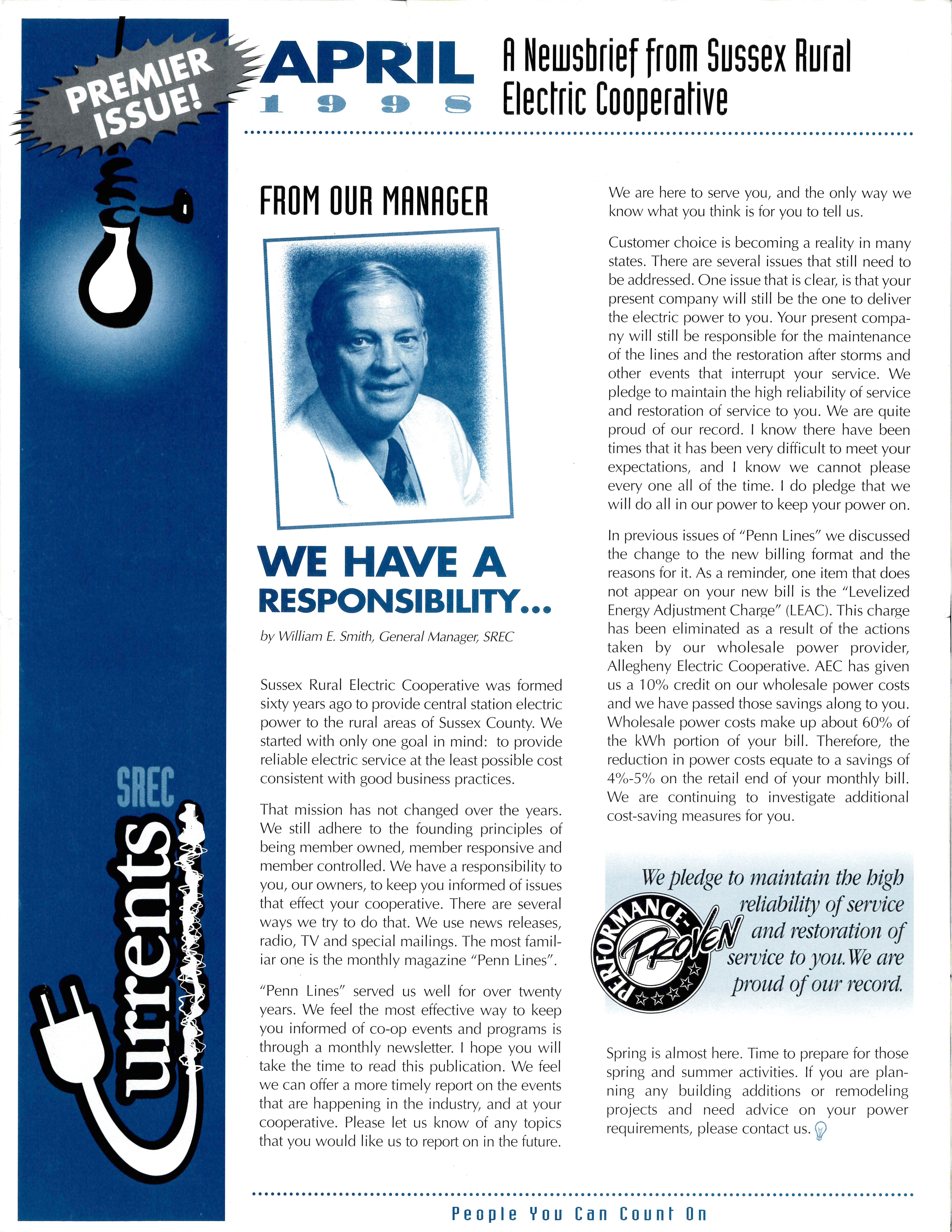 Pictured: The front page of the first issue of SREC's monthly newsletter, Currents. This first issue was published in 1998 under President/CEO William E. Smith.