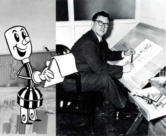Pictured: National Rural Electric Cooperative Association mascot Willie Wiredhand stands doodling in a notepad, next to a photo of artist and creator Drew McLay who is sketching Willie at his drawing board. McLay created Willie Wiredhand as the mascot for NRECA in 1950.  Source: “The Next Greatest Thing,” published by NRECA