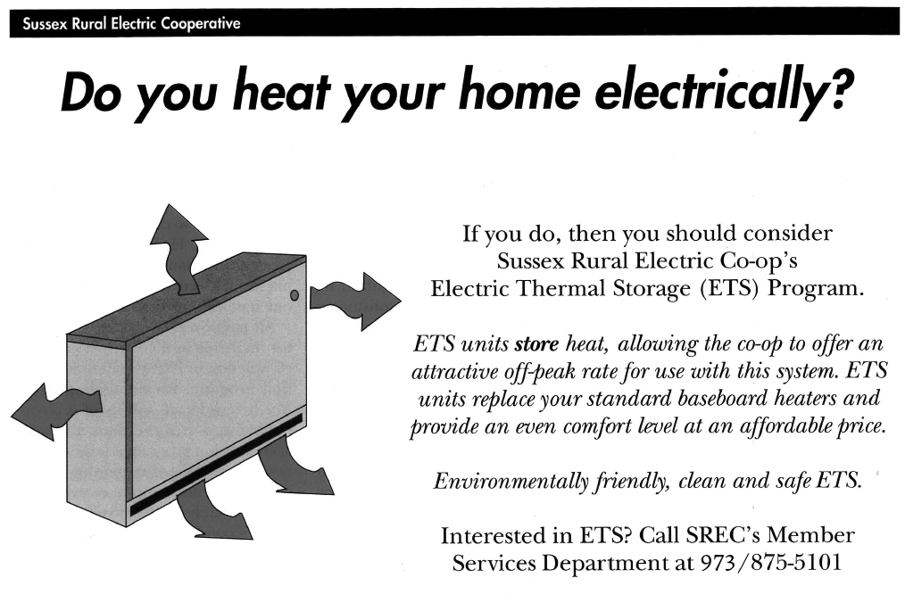 Pictured: A 1990s ad for an Electric Thermal Storage room unit from Sussex Rural Electric Cooperative’s section of Penn Lines Magazine.