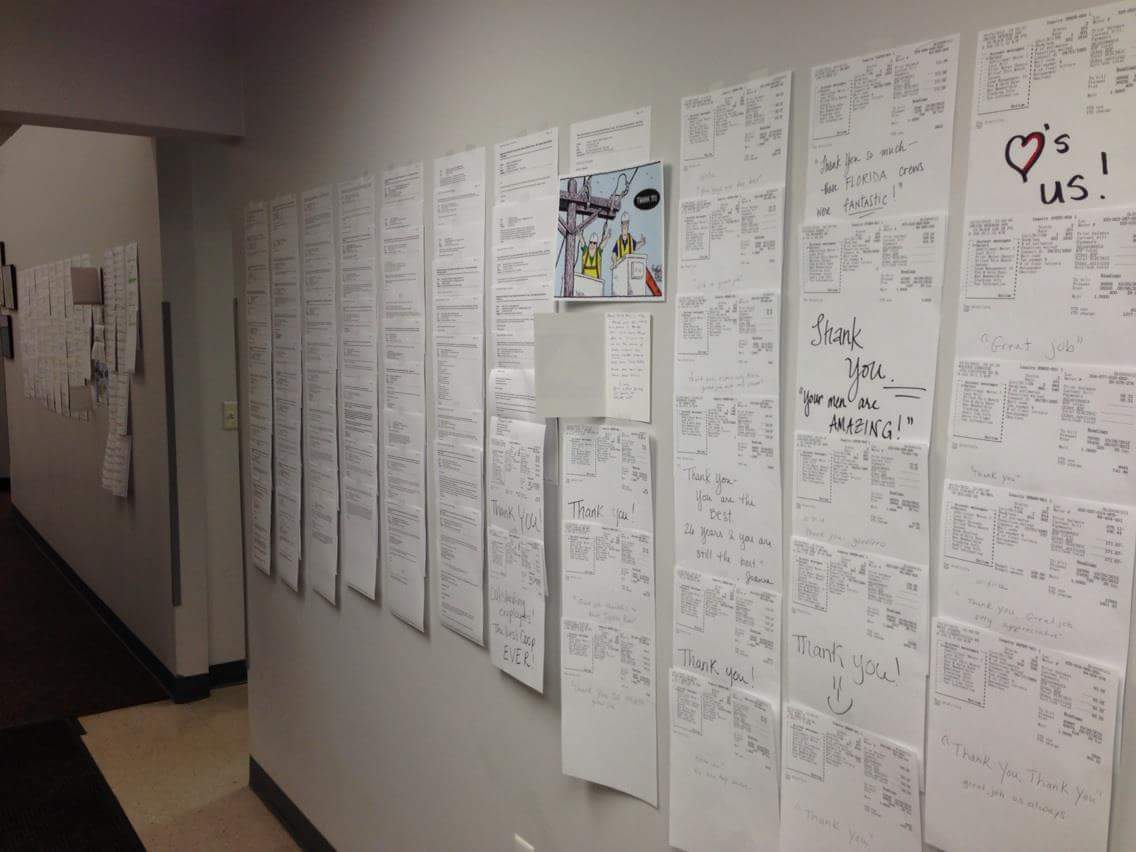 Pictured: Comments and words of thanks from members were hung up on SREC's office walls during Hurricane Sandy restoration to help with the morale of our crews and all employees.