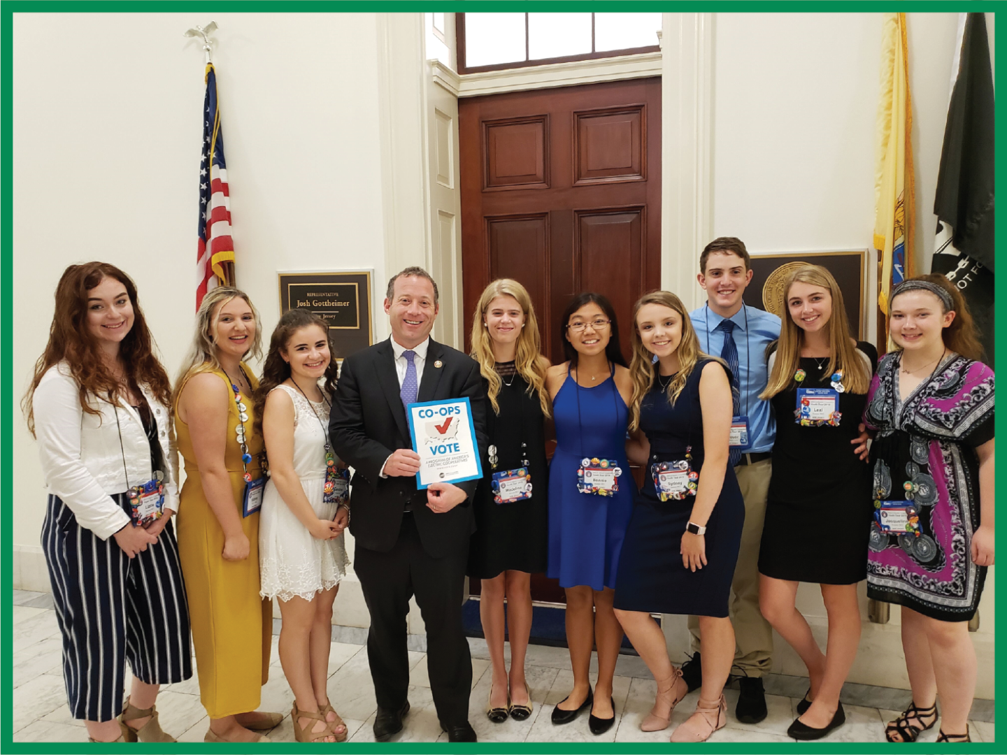 2019 NJ Youth Tour students pose with NJ Congressman Josh Gottheimer outside of his office in the Capitol Building