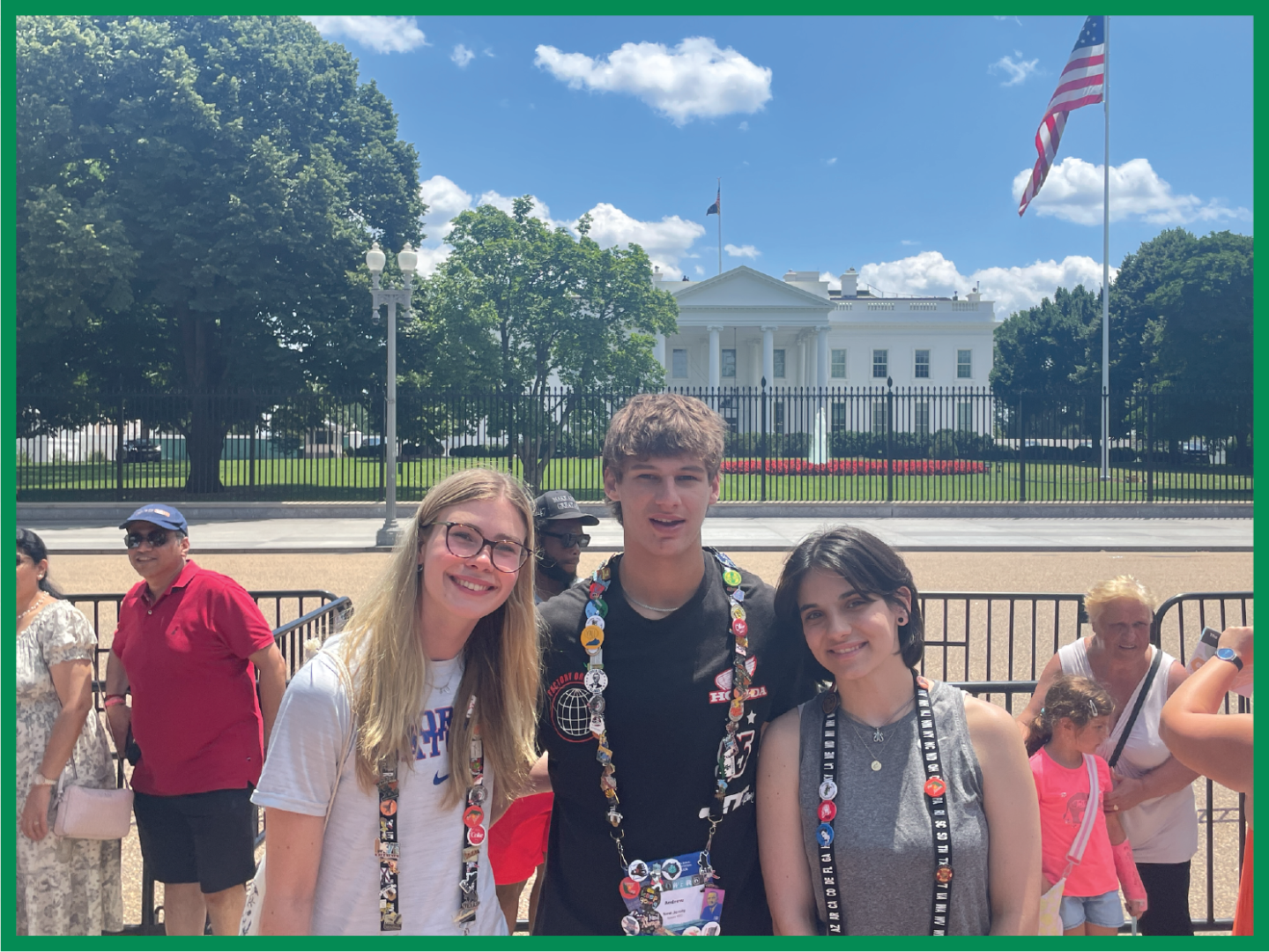 New Jersey's three 2025 Youth Tour students pose in front of the White House