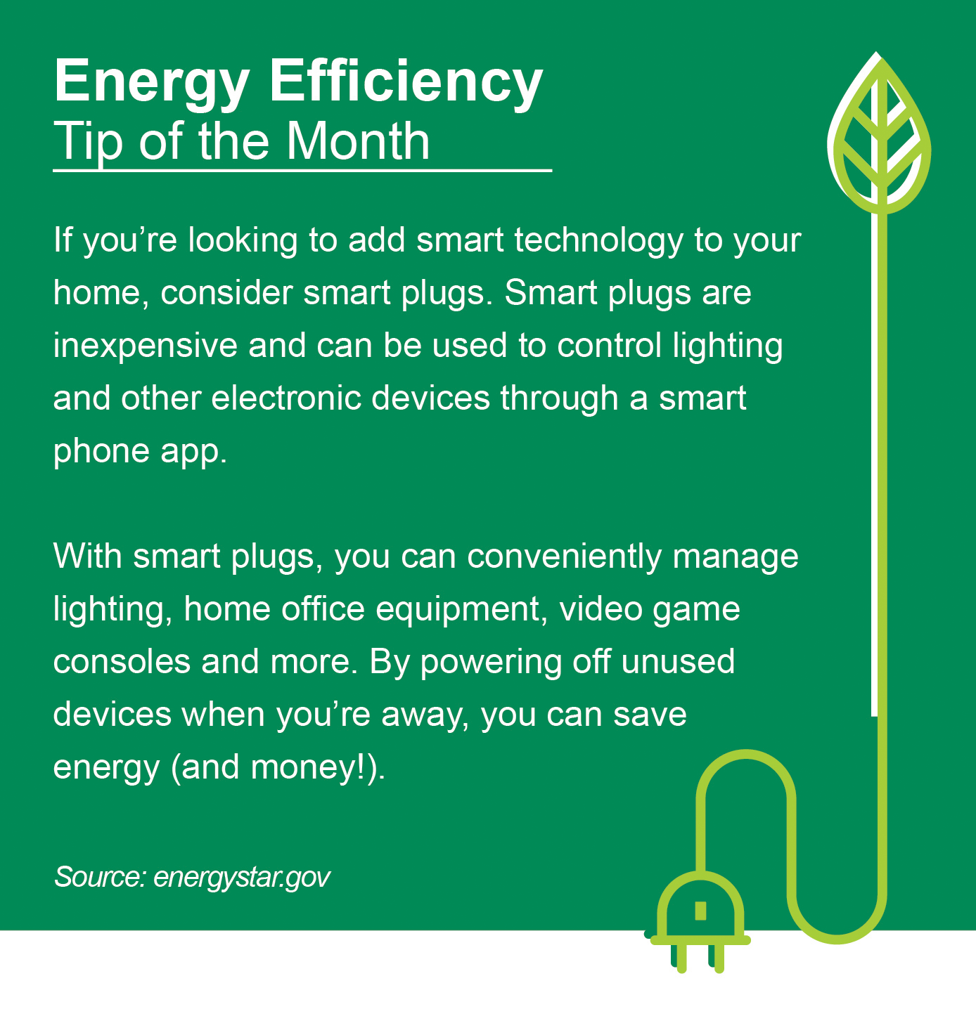 Energy Efficiency Tip of the Month: If you're looking to add smart technology to your home, consider smart plugs. Smart plugs are inexpensive and can be used to control lighting and other electronic devices through a smart phone app. With smart plugs, you can conveniently manage lighting, home office equipment, video game consoles and more. By powering off unused devices when you're away, you can save energy (and money!).