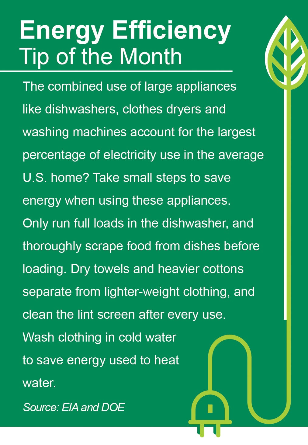 Energy Efficiency Tip of the Month: The combined use of large appliances like dishwasheers, clothes dryers, and washingngg machines  account for the largest percentage of electricity use in the average U.S. home? Take small steps to save energy when using these appliances. Only run full loads in the dishwasher, and thoroughly scrape food from dishes before loading. Dry towels and heavier cottons separate from lighter-weight clothing, and clean the lint screen after every use. Wash clothing in cold water to save energy used to heat water. Source: EIA and DOE