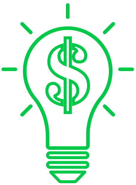 Green icon of a shining lightbulb containing a dollar sign inside