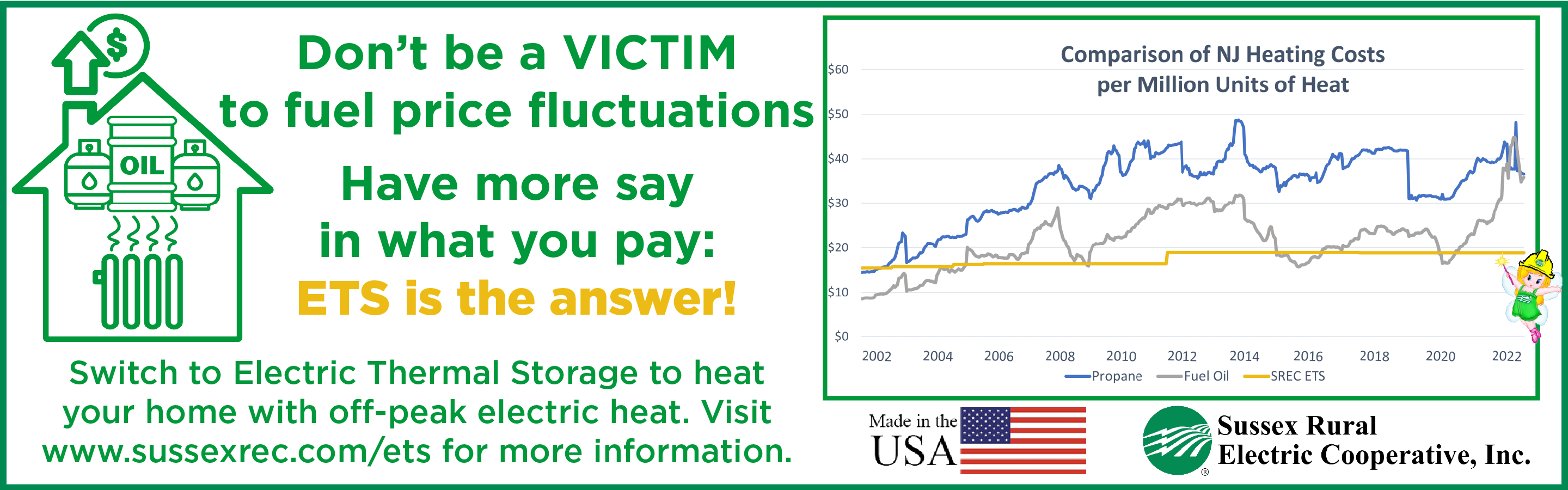 Don't be a VICTIM to fuel price fluctuations. Have more say in what you pay: ETS is the answer! Switch to Electric Thermal Storage to heat your home with off-peak electric heat. Visit www.sussexrec.com/ets for more information.