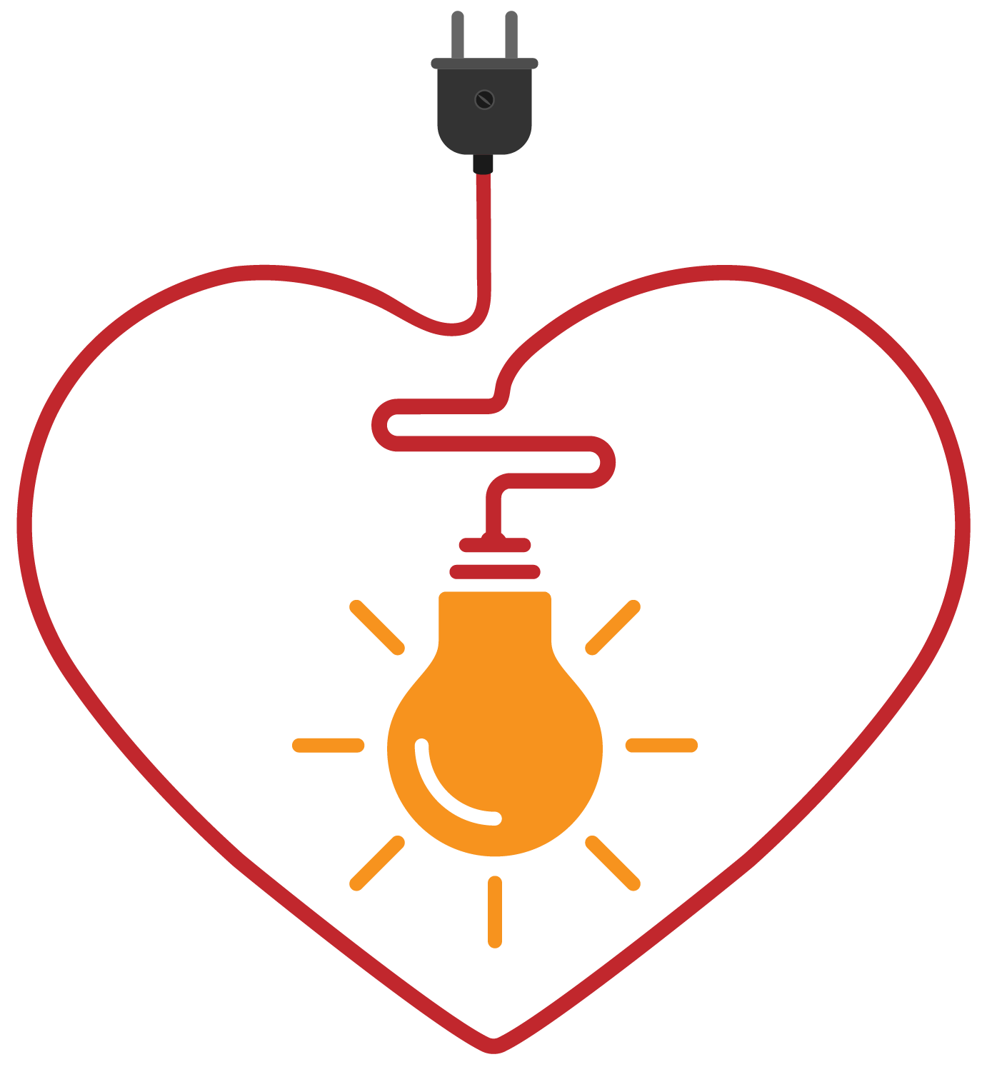 electric wire and shining light bulb curved into shape of heart