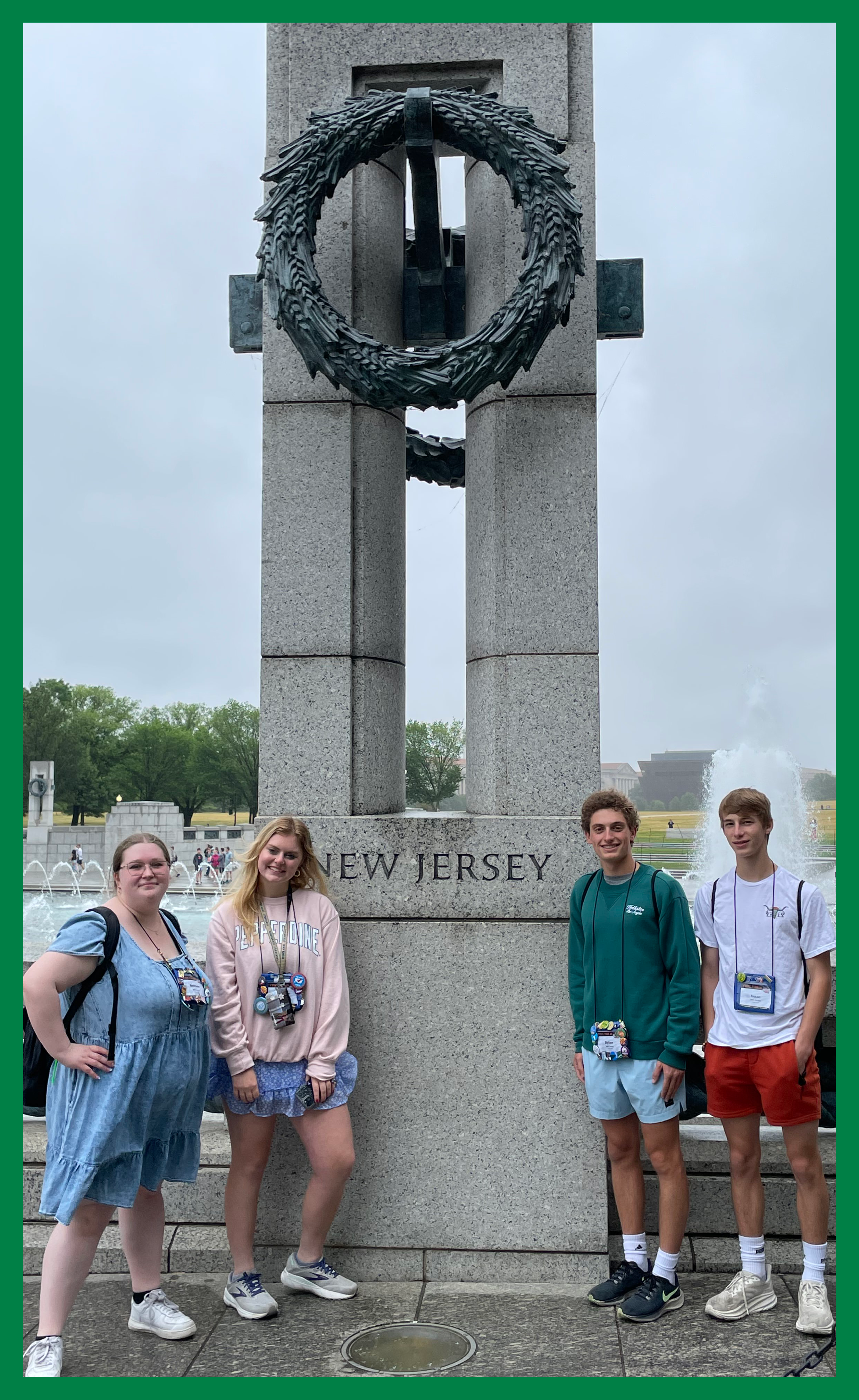 NJ Youth Tour students pose at the New Jersey memorial at the World War II Memorial in Washington, D.C.