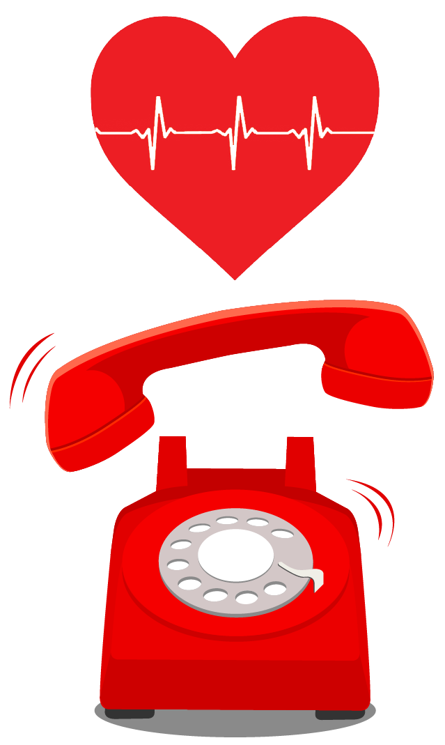 A cartoon image of a red phone ringing, with a heart shape containing a heart beat visual over it.