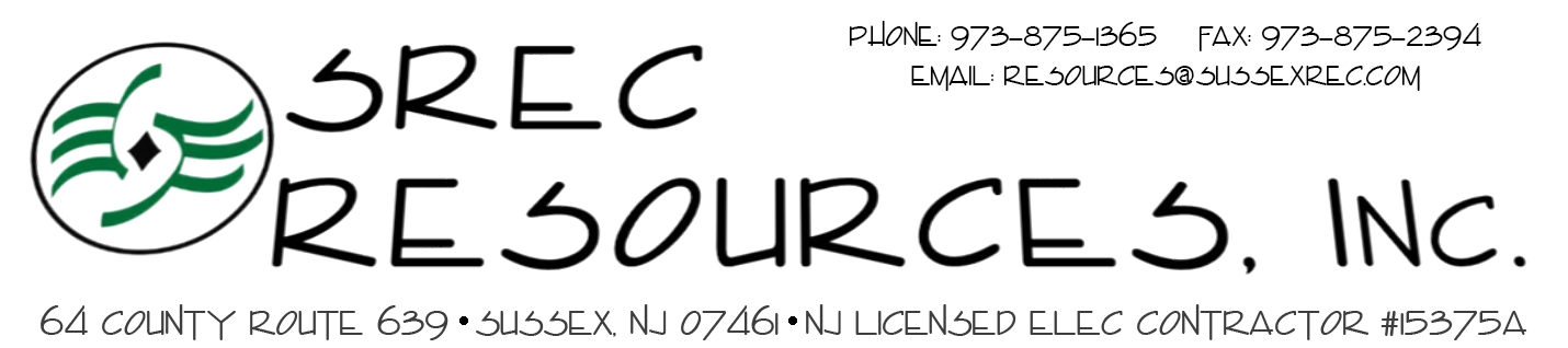 SREC Resources. 64 County Route 639, Sussex, NJ 07461. NJ Licensed Elec. Contractor #15375A. A Wholly Owned Subsidiary of Sussex Rural Electric Cooperative. Phone: 973-875-1365. Fax: 973-875-2394. Email: Resources@sussexrec.com.