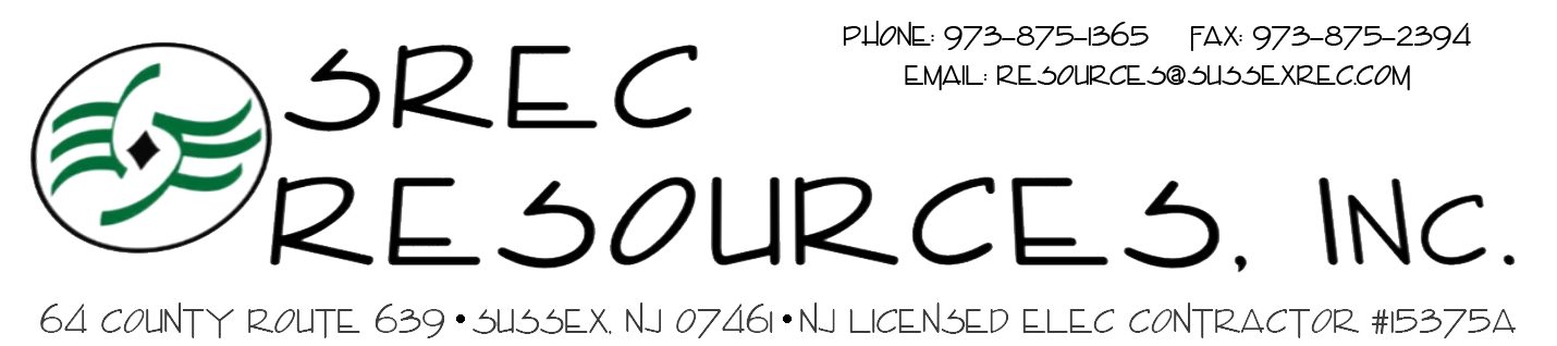 SREC Resources. 64 County Route 639, Sussex, NJ 07461. NJ Licensed Elec. Contractor #15375A. A Wholly Owned Subsidiary of Sussex Rural Electric Cooperative. Phone: 973-875-1365. Fax: 973-875-2394. Email: Resources@sussexrec.com.
