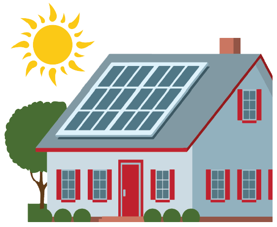 Cartoon image of a house with rooftop solar panels