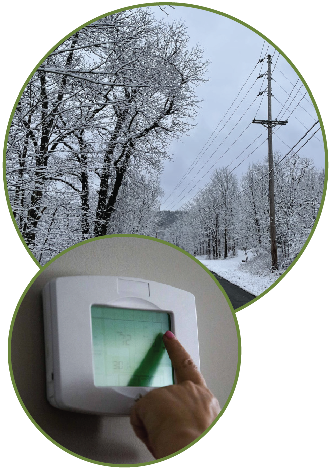 Two circular photos - one shows winter weather and another shows someone adjusting a thermostat