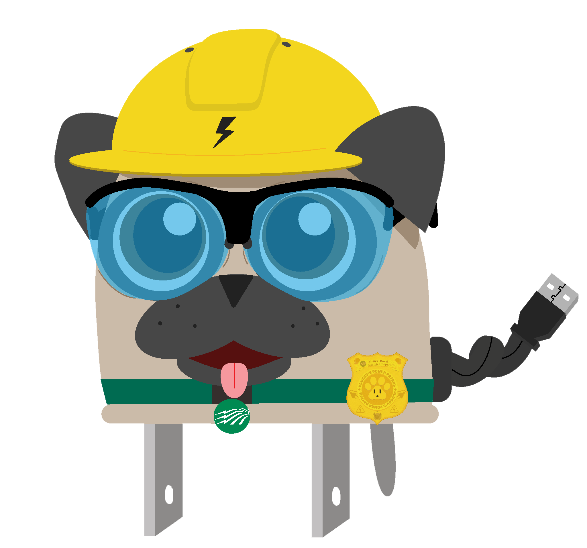 Pluggy the Pug in safety gear